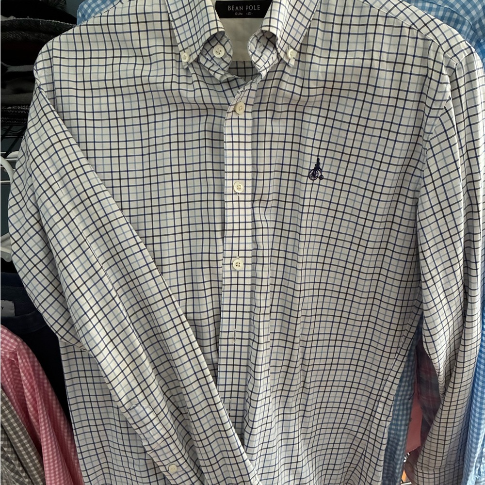 Men's White and Blue Plaid Button Down Shirt